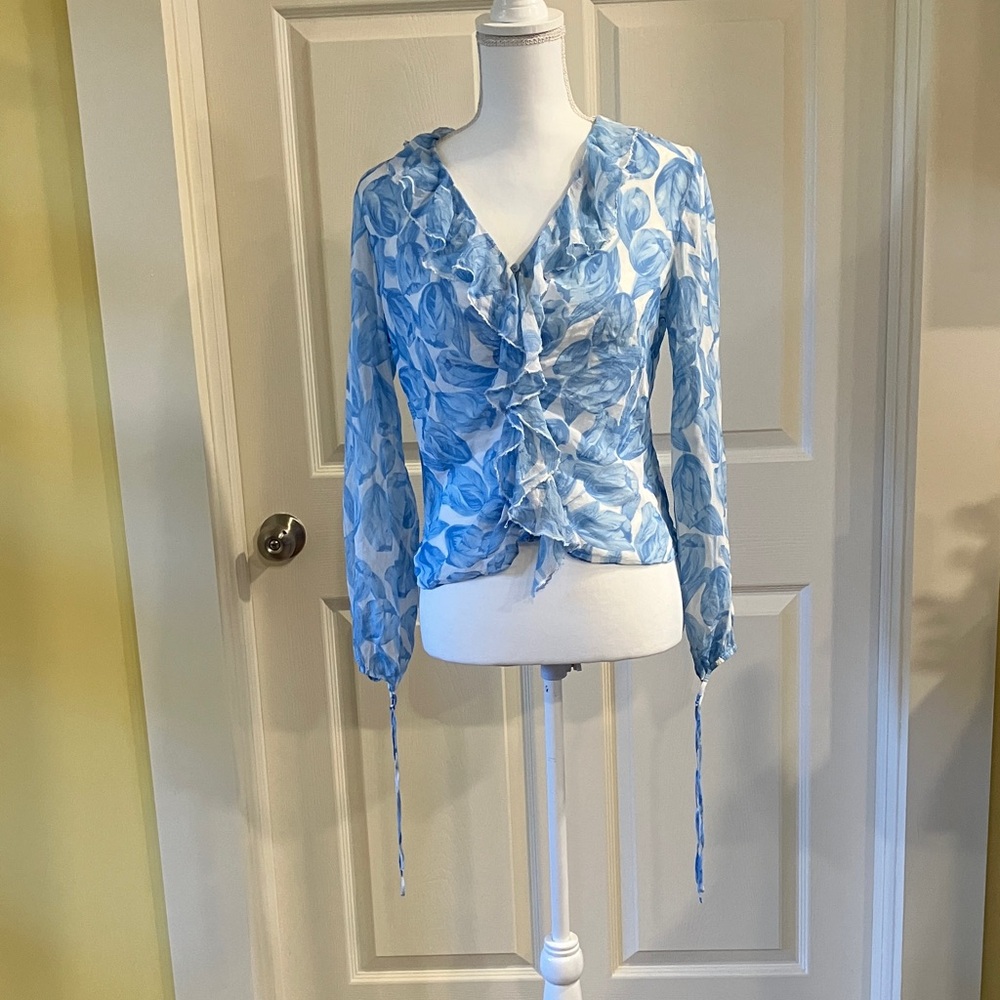 Worthington Blue and White Ruffle Blouse Spring/Summer